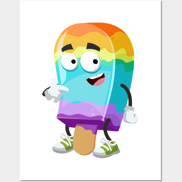 cartoon rainbow colors ice cream on a stick mascot showing himself Wall Art by VizRad